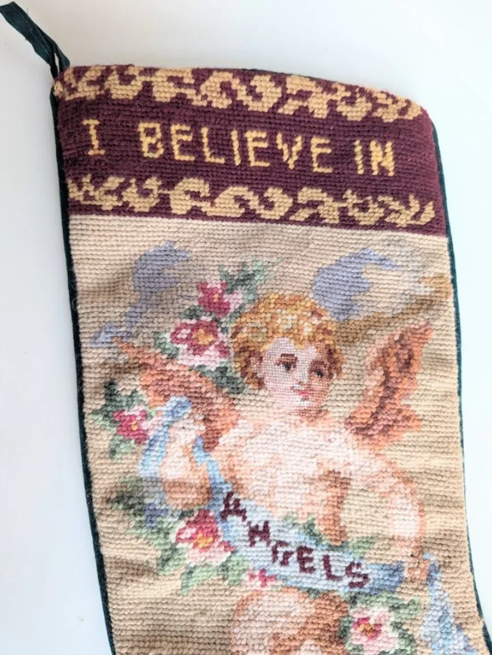 Vtg Handmade Christmas Wool Needlepoint Stocking 